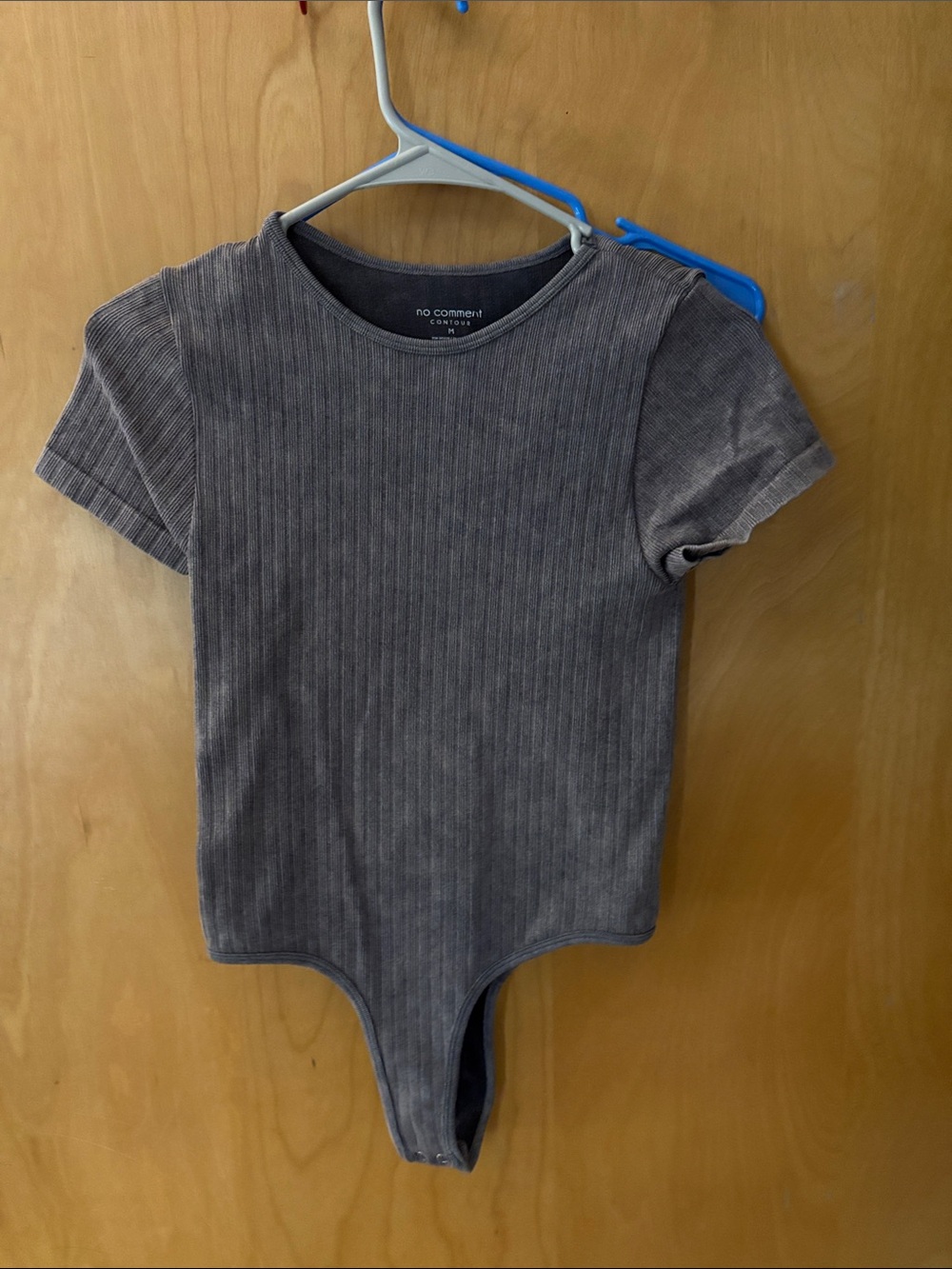 No Comment Paris Ribbed Short-Sleeve Bodysuit in Charcoal Gray